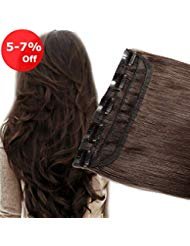 Clip in Human Hair Extension One piece Dark Brown #2 5 Clips 3/4 Full Head Natural Long Straight Soft Real Remy Hair Easy to wear 16 inch/45g