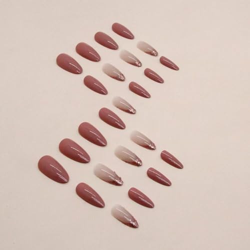 Image of Brick Red Press on Nails Medium Almond Fake Nails with Pink Glitter Design French Tip Glue on Nails Glossy Acrylic Full Cover Nude Stick on Nail Fall False Nail For Women Girls Manicure 24pcs