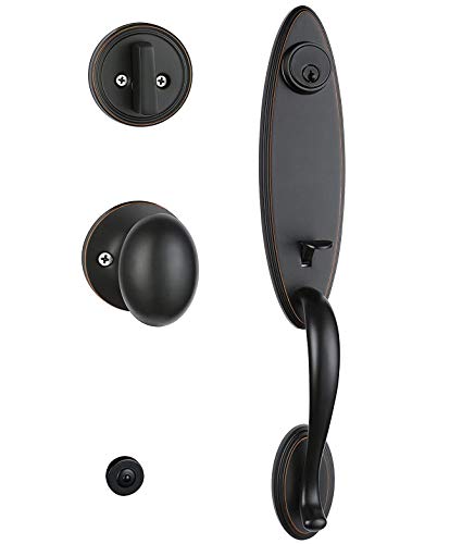 Best Review Key Alike Entry Lock Hardware Oil Rubbed Bronze Double Door Handleset Exterior Handle with Interior Oval Round Knob and Deadbolt Door Hardware2006-10B-SET (Keyed Entry Handleset)