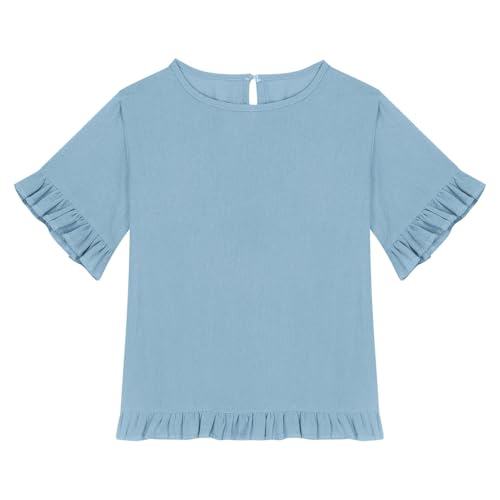 Girls Round Neck Ruffled Hem Sleeve Shirt Cotton Linen Top Short Sleeve Blouses Breathable Tops for Kids 5-15 Years2