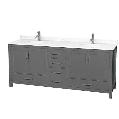 Wyndham Collection Sheffield 80 Inch Double Bathroom Vanity in Dark Gray, Giotto Quartz Countertop, Undermount Square Sinks (1-Hole), Brushed Chrome Trim