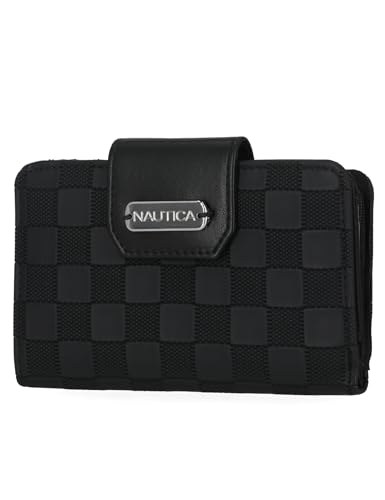 Image of Nautica Womens, Close Reach Vegan Leather RFID Wallet, Small Credit Card Holder Purse with Zipper Coin Pocket and ID Window in Black Check