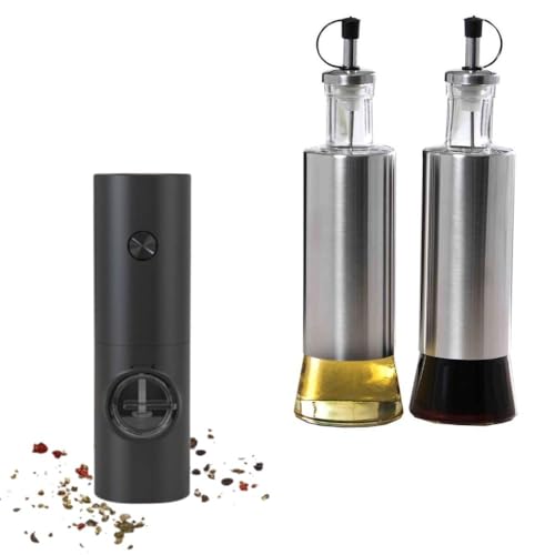 Conjunto 2 Galheteiro Dosador Azeite Vinagre de Vidro Aço Inox 300ml e Moedor Elétrico de Sal Piment