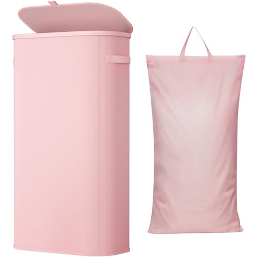 Image of Lifewit Slim Laundry Basket with Lid, Narrow Large Laundry Hamper with Plastic Handles and Removable Bag, Tall Foldable Dirty Clothes Hampers for Laundry Room, Bedroom, Bathroom, Dorm, 75L Pink