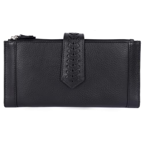 Image of Raizel Genuine Leather Hand Purse for Women | Stylish Clutch Wallet with 2 Main Compartments, Zipper Pockets & 5 Card Slots | Black (P. Black)