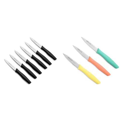 Arcos Juego de 6 Cuchillos Mondadores con Hoja de 100mm en Acero Inoxidable y Mango de Polipropileno & Set Cuchillos Mondadores de Cocina. 3 Piezas Acero Inoxidable, para Pelar Frutas y Verduras