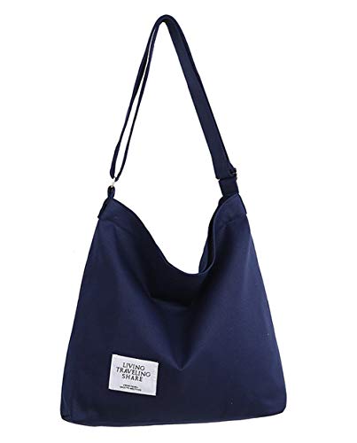 Covelin Bolsa de ombro feminina retrô de lona, tamanho grande, bolsa tiracolo Hobo, Azul marinho