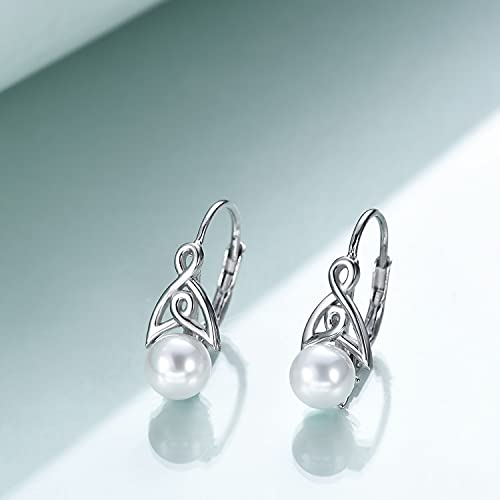 Pearl Earrings for Women 925 Sterling Silver Irish Celtic Knot Drop Dangle Earrings Leverback Jewelry Gifts (silver)3