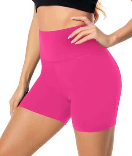FULLSOFT High Waisted Biker Shorts for Women-5 Tummy Control Fitness Athletic Workout Running Yoga Gym Soft Shorts (Rose Red Large-X-Large)