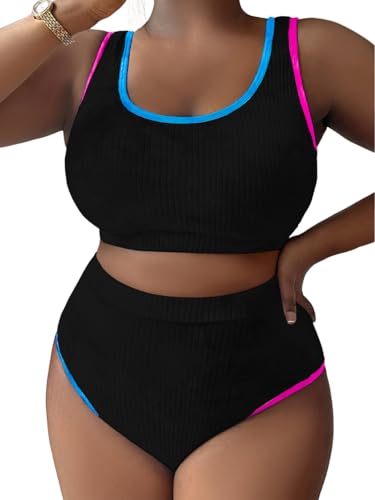 Plus Size High Waisted Bikini,Tie Dye Color Block Ribbed Swimsuit,2 Piece Bathing Suit for Curvy Women