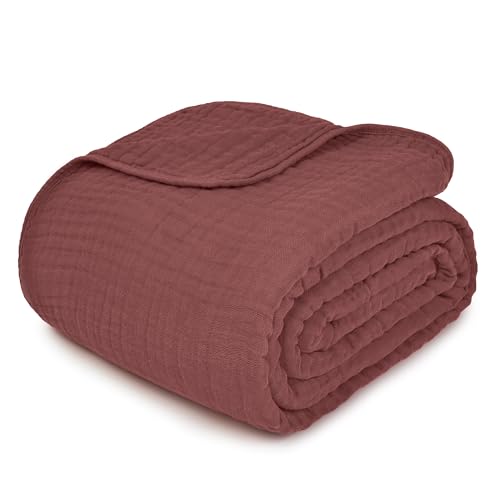 Image of Comfy Cubs Muslin Throw Blanket - 50 inch x 60 inch Quilted Design - Lightweight, Breathable 6-Layer Gauze Fabric - Soft Cotton Blanket for Home or Travel - Packaged in Elegant Gift Box - Wine