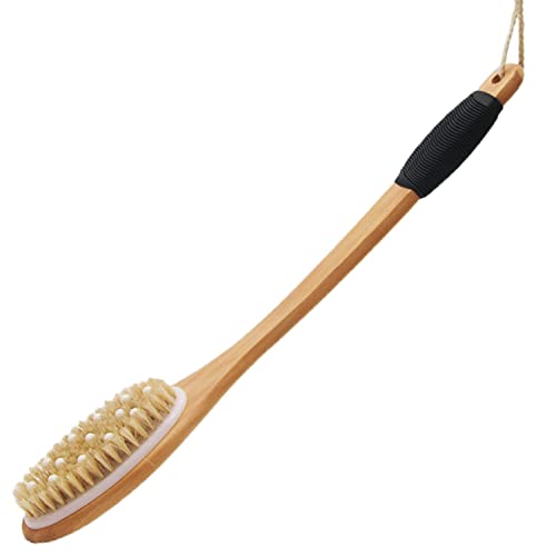 OWIIZI Bath Brush Wooden Curved Long Handle Antiskid Body Shower Brush for Exfoliating, Natural Bristle Back Scrubber for Shower Use Wet or Dry