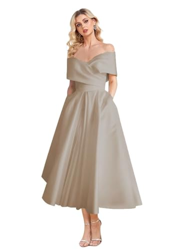 Image of Women's Off Shoulder Wedding Dress for Bride Tea Length A Line Satin Formal Prom Dresses with Pockets