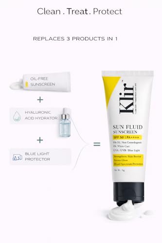 Image of Klir SunFluid SPF 50 PA++++ Sunscreen with 1% Hyaluronic Acid | Moisturize, Hydrate, Barrier Repair & Sun protection (150gm)