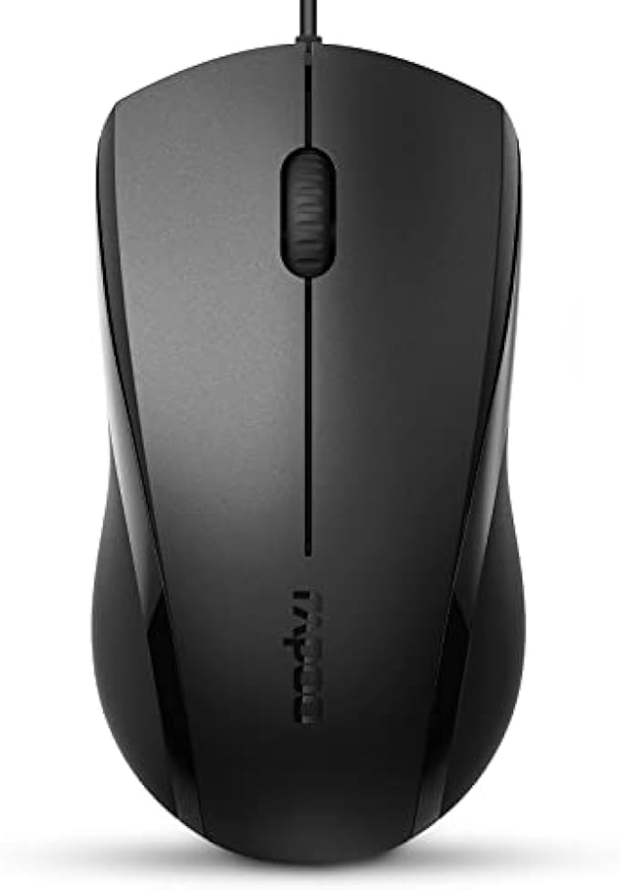 Rapoo Silent Wired Mouse, 1000 DPI 5ft Cord Quiet Button Optical Computer Mouse, Left Right Hand Use, for Laptop Chromebook Mac Notebook, Matte Black