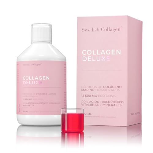 Swedish Collagen Deluxe | Suplemento líquido de colágeno marino hidrolizado de 12 500 mg - 500 ml, suministro para 20 días | Ácido hialurónico, biotina y vitamina C para un cabello, piel, uñas y