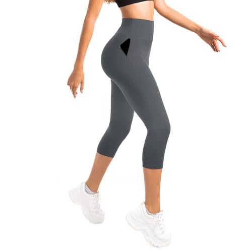 Sanpetix Cropped Leggings for Women UK, High Waisted 3/4 Leggings with Pockets for Workout Running Gym Yoga Gray 1 Pack XXL