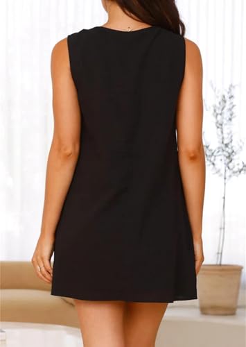 Image of LOFAAC Women Y2K Bow Tie Front Pleated Peplum Mini Dress Loose Fit Sleeveless Crew Neck Linen Babydoll Short Dress