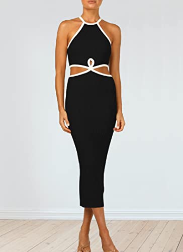 Kmoly Women's Cut Out Waist Bodycon Midi Dress Sexy Backless Sleeveless Spaghetti Strap Party Tank Dresses Black #TOP5