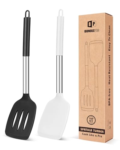 Image of Pack of 2 Silicone Solid Turner,Non Stick Slotted Kitchen Spatulas,High Heat Resistant BPA Free Cooking Utensils,Ideal Cookware for Fish,Eggs,Pancakes(Black+White)