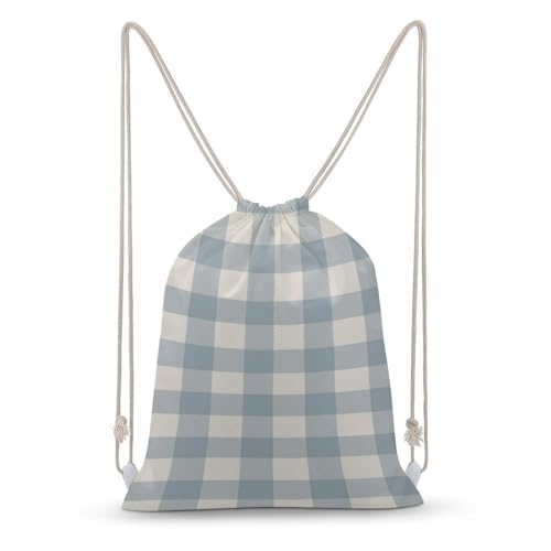 Jubonexis Mochila de lona con cordón y patrón a cuadros azul y crema, ligera, para deportes, gimnasio, para hombres y mujeres