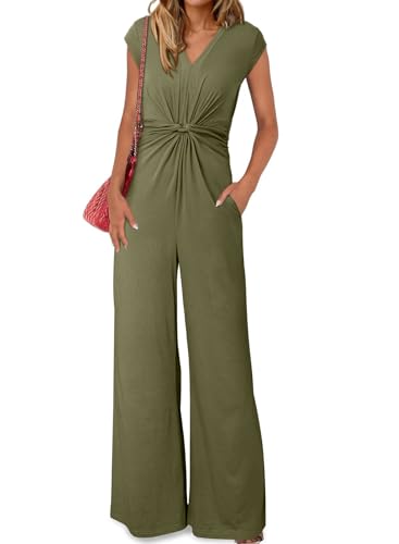 Happy Sailed Jumpsuits for Women Dressy Business Casual Outfits Short Sleeve V Neck Twist Front Fromal Jumpsuit Long Rompers with Pockets Green Small