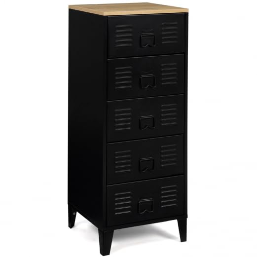IDMarket – Chiffnier 5 cajones Ester 40 cm metal negro y bandeja de haya, Almacenaje Ropa, Diseño Industrial