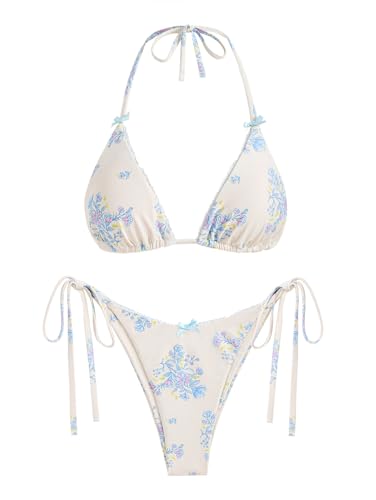 Image of ZAFUL Womens Printed Triangle Bikinis 2 Piece Halter Bikini Sets High Cut Bathing Suit Side Tie Swimsuits
