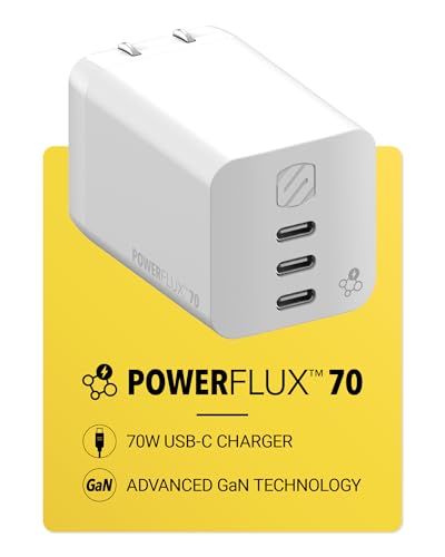 Scosche PowerFlux 70W USB-C Charger Block, 3-Port Fast Charging GaN Wall Adapter with Foldable Plug, Power Delivery Home & Travel Charger Compatible with iPhone 17/16, iPad, MacBook, Galaxy S25