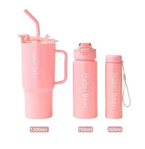 Image of Large Handle Water Bottle with Straw for Desk, Office, Travel - 1200 /900 /300 ML Gradient & Matte Hydration Bottle Set (plan pink)