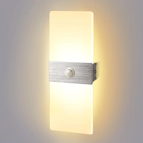 JaneYi Applique Murale Intérieure LED avec Détecteur de Mouvement 12W Blanc Chaud 3000K Lampe Murale Moderne Acrylique Aluminium Luminaire Mural Interieur...