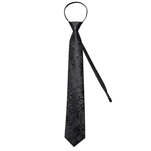 Image of DiBanGu Silk Zipper Ties for Men,Paisley Solid Plaid Pre-tied Tie and Pocket Square Cufflinks Set Formal Adjustable Necktie