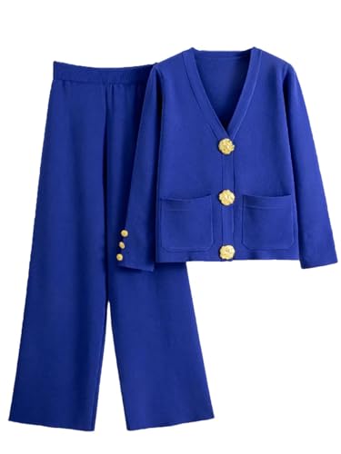 Chandail en tricot col en V et pantalon large bleu en maille premium pour femme XL