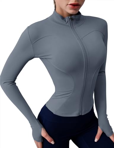 Rapbin Damen Laufjacke Sportjacke Langarm Gym Yoga Fitness Workout Tops Langarm Atmungsaktive Reißverschluss Trainingsjacke mit Daumenlöchern Grau Blau S Rapbin Damen Laufjacke Sportjacke Langarm Gym Yoga Fitness Workout Tops Langarm Atmungsaktive Reißverschluss Trainingsjacke mit Daumenlöchern Grau Blau S