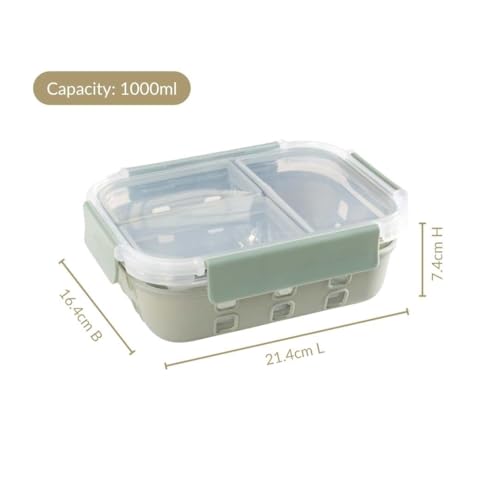 Image of Nestasia Glass Lunch Box with Silicone Sleeve (1000ml) - Borosilicate Glass Lunch Box with 3 Compartments for Office | Microwave & Freezer Safe, Leak-Proof Tiffin Box with Clip Locks (Green)