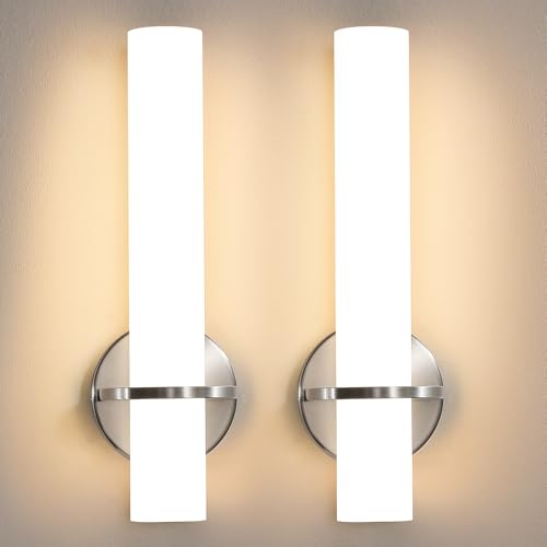 Image of AIJIASI Brushed Nickel Wall Sconces Set of Two - 15 inch Modern Bathroom Sconce 15W 3000K Dimmable LED Sconces Wall Lighting, Indoor Wall Sconce Light for Living Room Corridor Mirror Bedroom Stairs