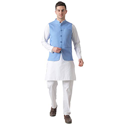 Image of TAHVO Men's Nehru Jacket /Waistcoat /Modi Jacket Cotton Fabric /Men 's 5 Button Nehru Jacket with Hanky Kurta Set