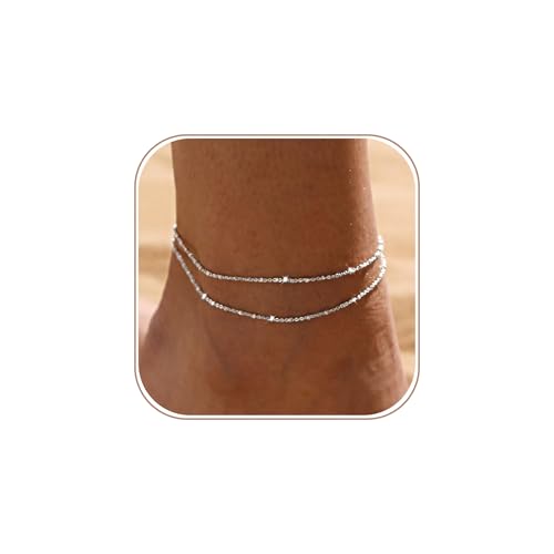 LEXODY Silver/Gold Anklets for Women, Sterling Silver Evil Eye Ankle Bracelets for Women Trendy Dainty Waterproof Anklets Set Adjustable Layered Anklet Bracelets for Women Silver Jewelry Gift