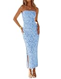 ZESICA Women's 2026 Summer Floral Strapless Maxi Sun Dress Bodycon Beach Vacation Wedding Guest Formal Cocktail Party Dresses, Blue, L