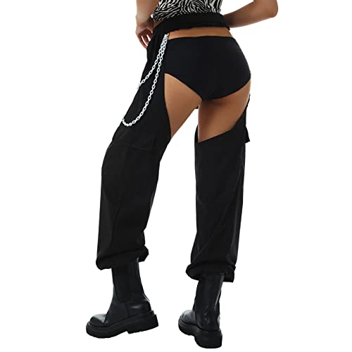 Sexy Buckle Bottomless Pants Women Hollow Out High Waist Rave Chaps Hiphop Rock Crotch Pants Belted Cargo Trousers4