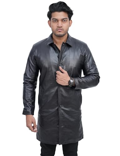 Image of Apurbo 100% Lambskin /cowskin Black leather coat men Trench Car Coat Mens With a Polyester Lining and Jecket Filling Warmth