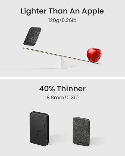 sharge CarbonMag Magsafe Power Bank Slim Magnetic Portable Charger 5000mAh, Lightweight Carbon Fiber 20W PD Fast Charging, Battery Pack for iPhone 17 Pro Max/16/15/14 Series Black