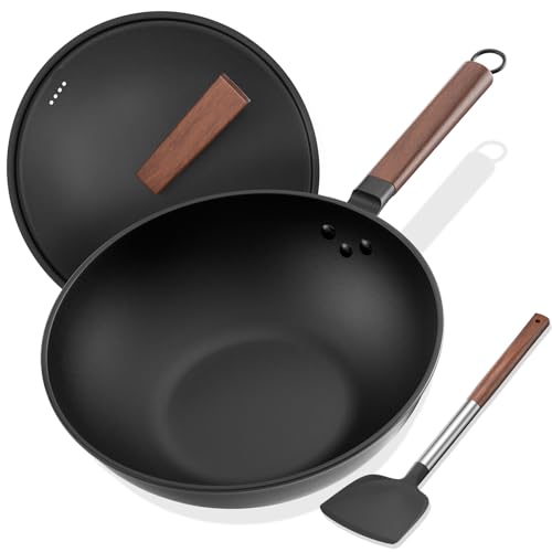 Todlabe Nonstick Wok, 13-Inch Carbon Steel Wok Pan with Lid Woks & Stir-Fry Pan