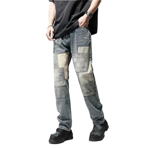 Men’S Fashionable Loose Fit Straight Leg Patchwork Denim Pants Button Fly Midweight Ankle Length Casual Jeans