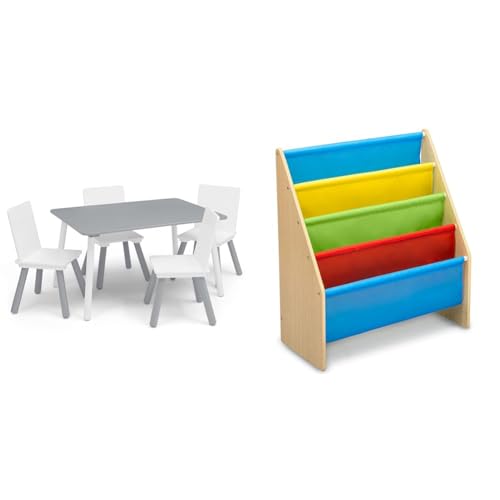 Image of Delta Children Kids Table and Chair Set (4 Chairs Included) - Ideal for Arts & Crafts, Snack Time & Sling Book Rack Bookshelf, 4-Tier Wooden Shelf with Soft Fabric Pockets