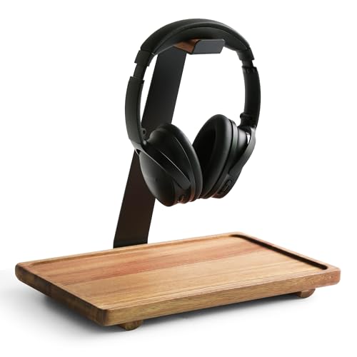 WILDMOS Headphone Stand for Desk,Acacia Wood Tray with Headphone Holder,Gaming Headset Stand,Desk...