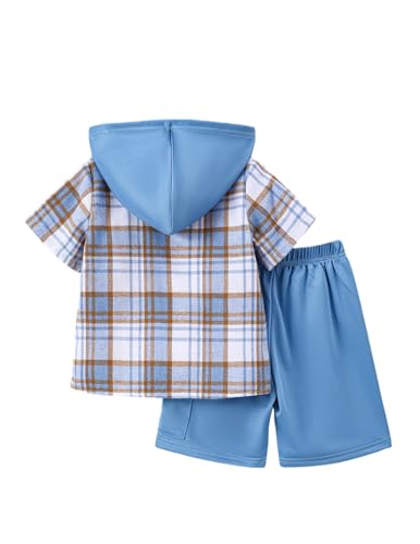 Image of Boys Clothes Shorts Sets Plaid Short Sleeve Hooded Button Shirt and Jogger Shorts for Kids Summer Outfits