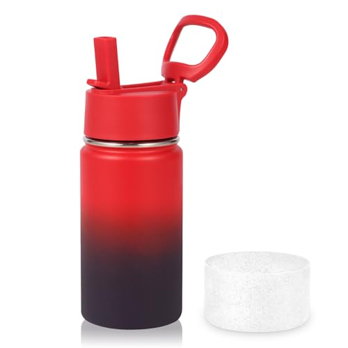 Volhoply 410ml 14oz Kids Stainless Steel Insulated Leakproof Tumbler Water Bottle with Straw Lid and Silicone Boot,BPA-Free Easy Use for Boys&Girls,Double Wall Vacuum Bottles(Red Purple,1)