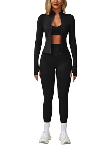 Ensemble de sport femme 3 pièces legging haute taille soutien-gorge yoga et veste de fitness