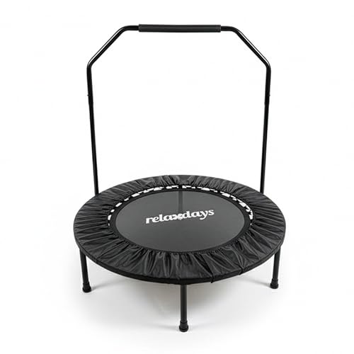 Relaxdays fitness trampoline Ø102 cm, opvouwbaar, voor volwassenen, met stang, tot 120 kg, indoor, zwart, 113 x 102 x 10